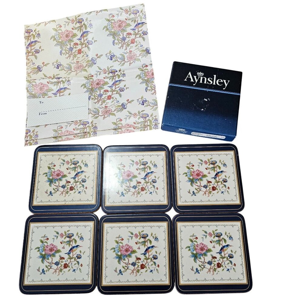 6 Ansley Pembroke Coaster set 4" England floral bird cork backed home bar vtg